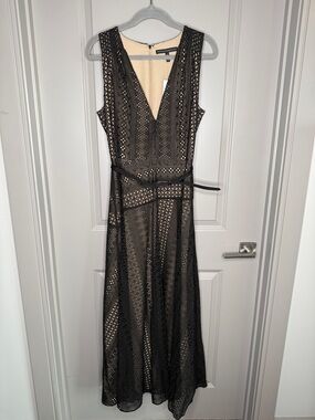 White House Black Market Black Lace Overlay Maxi Dress with Nude Lining